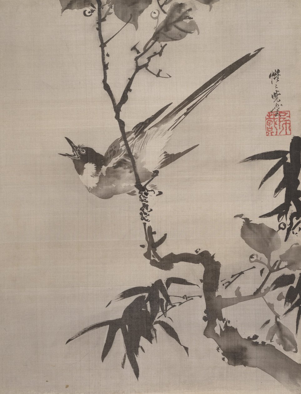Énekes madár ágon, kb. 1887. alkotó: Kawanabe Kyosai