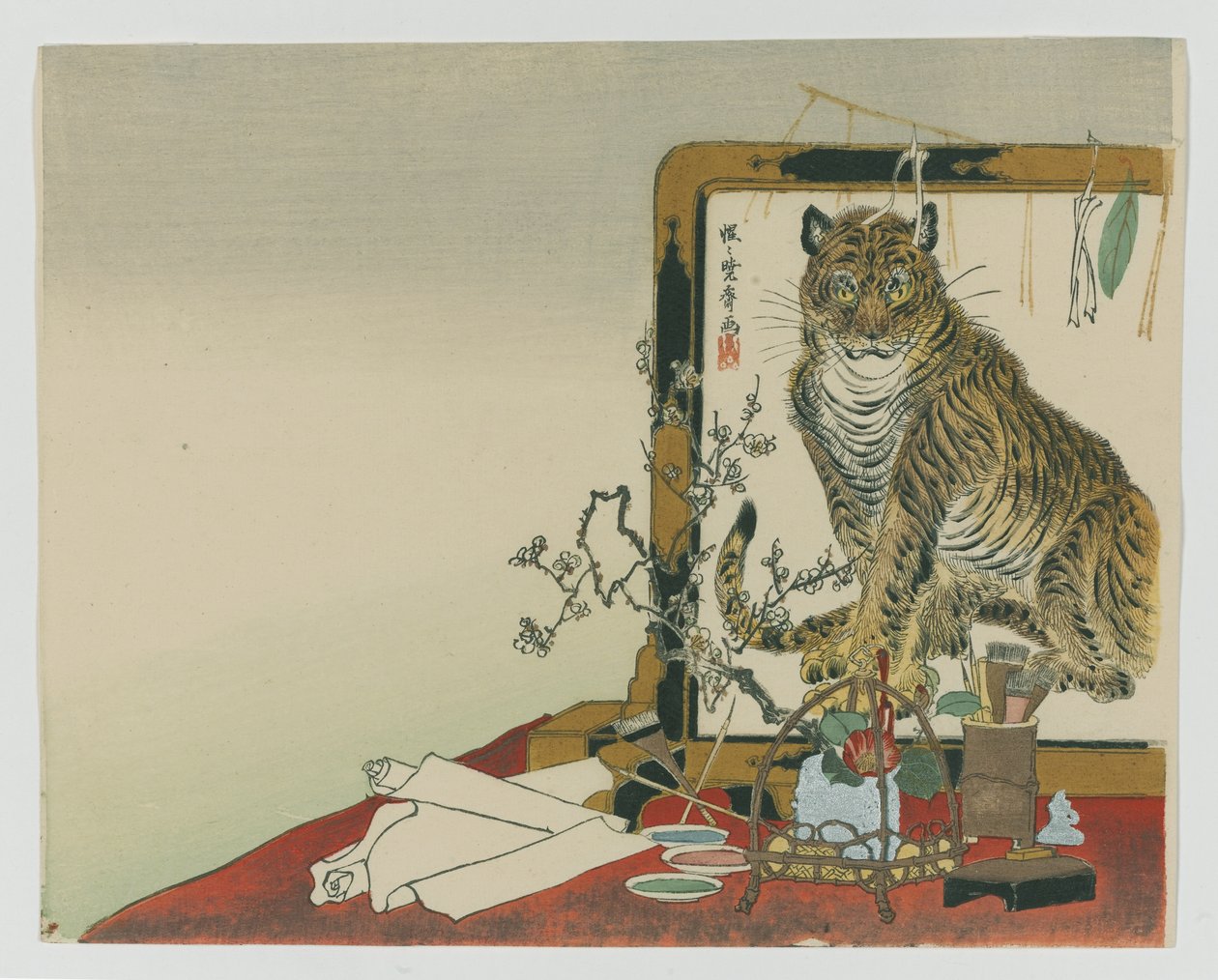 Álló szita (Tsuitate) egy tigrisről, 1878 (fatömb színes nyomat) alkotó: Kawanabe Kyosai