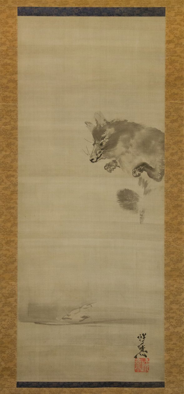 Tanuki mosómedve kutya tükörképét nézi a vízben, 19. század vége. alkotó: Kawanabe Kyosai
