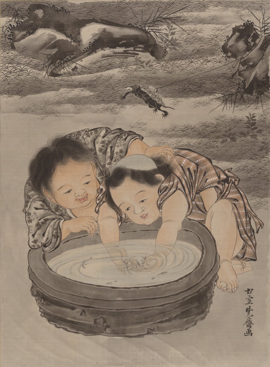 Két gyermek játszik aranyhallal, kb. 1887. alkotó: Kawanabe Kyosai