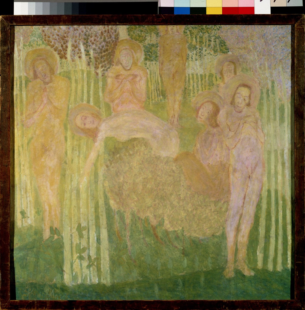 Vázlat freskófestményhez. A virágzó fák kertjében összegyűlt szentek ábrázolása glóriával, boldog arccal, meztelen testtel. Kasimir Severinovich Malevic (Malevich, Malevic) (1878-1935) munkája, te alkotó: Kazimir Severinovich Malevich