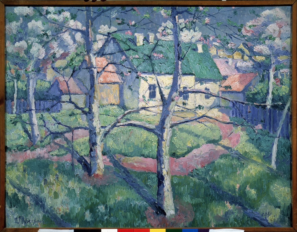 Virágzó almafák. Nyáron vidéki táj, néhány ház, ösvény, fák. Kasimir Severinovich Malevics (Malevich, Malevic) festménye (1878-1935), olaj, vászon alkotó: Kazimir Severinovich Malevich