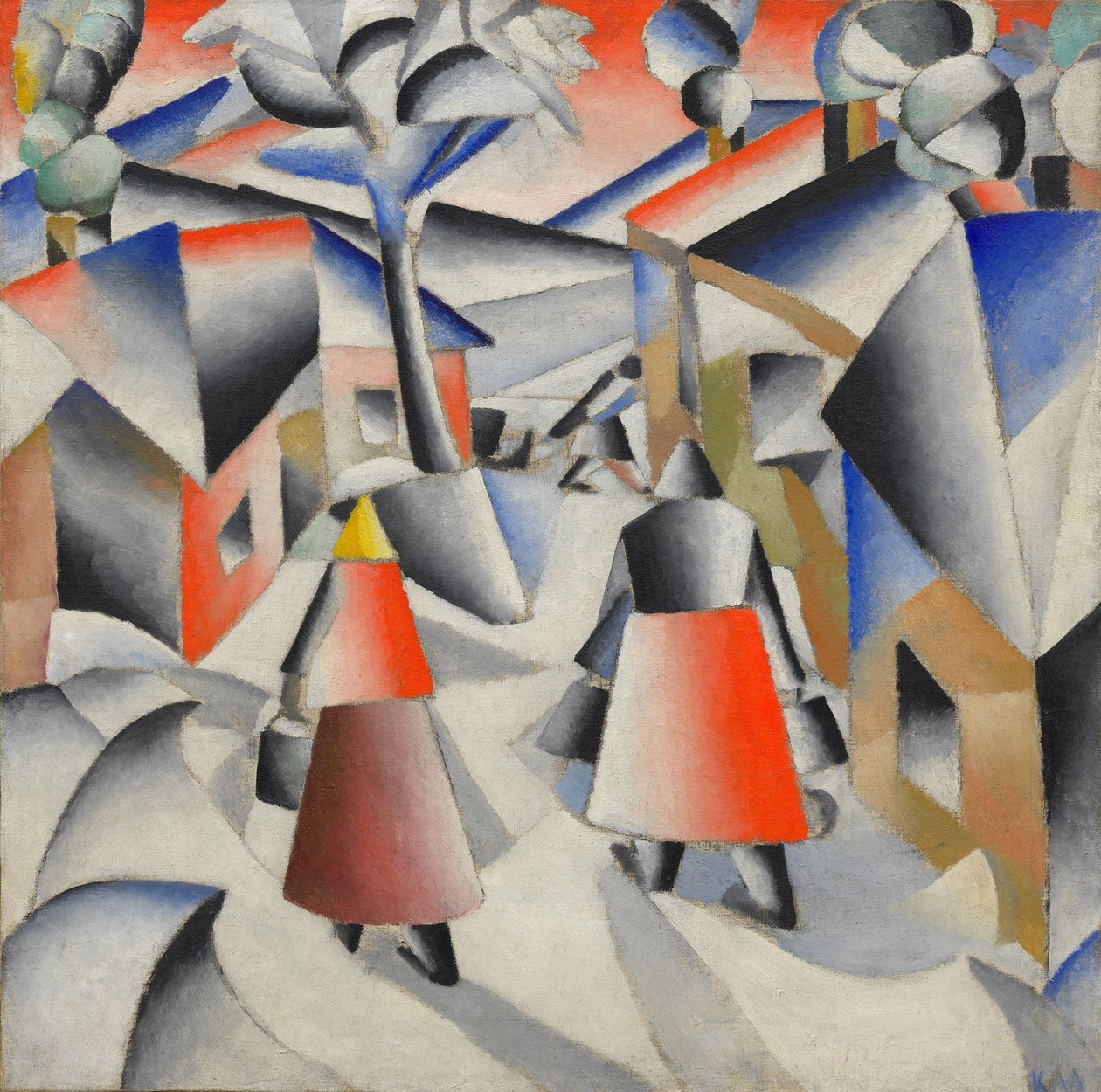 Reggel a faluban hóvihar után alkotó: Kazimir Severinovich Malevich