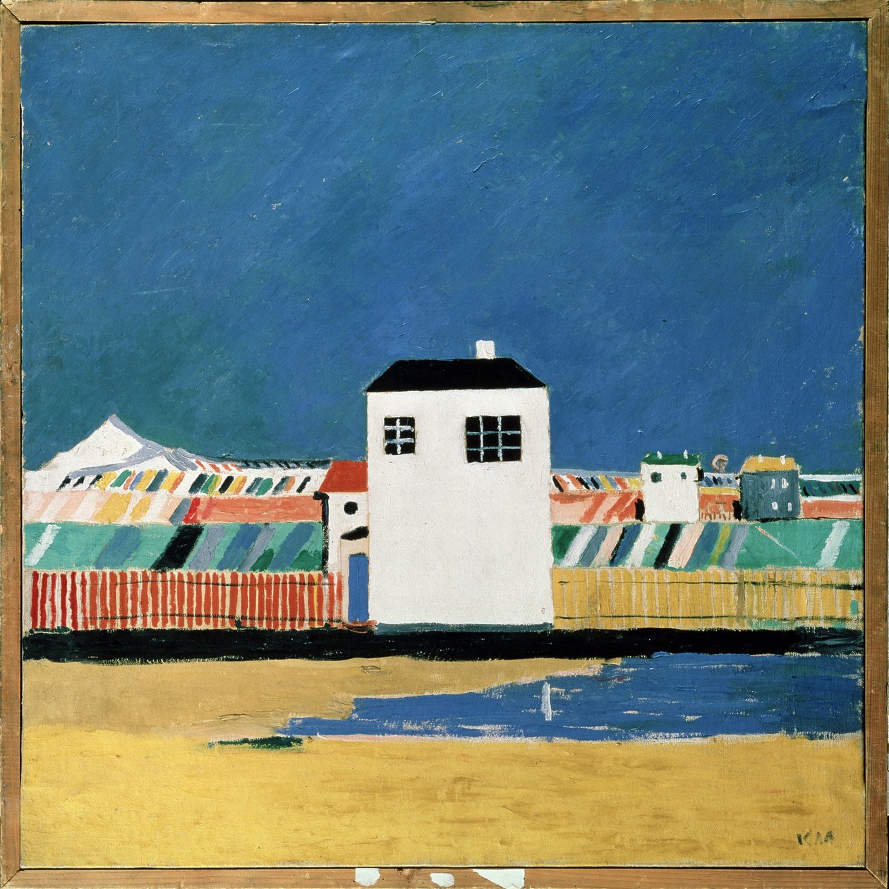 Táj egy Fehér Házzal. Kasimir Severinovich Malevics (Malevics, Malevic) (1878-1935) festménye, olaj, vászon, 1930 körül. Orosz művészet, XX. század, avantgárd, szuprematizmus, konstruktivizmus. Állami Orosz Múzeum, alkotó: Kazimir Severinovich Malevich