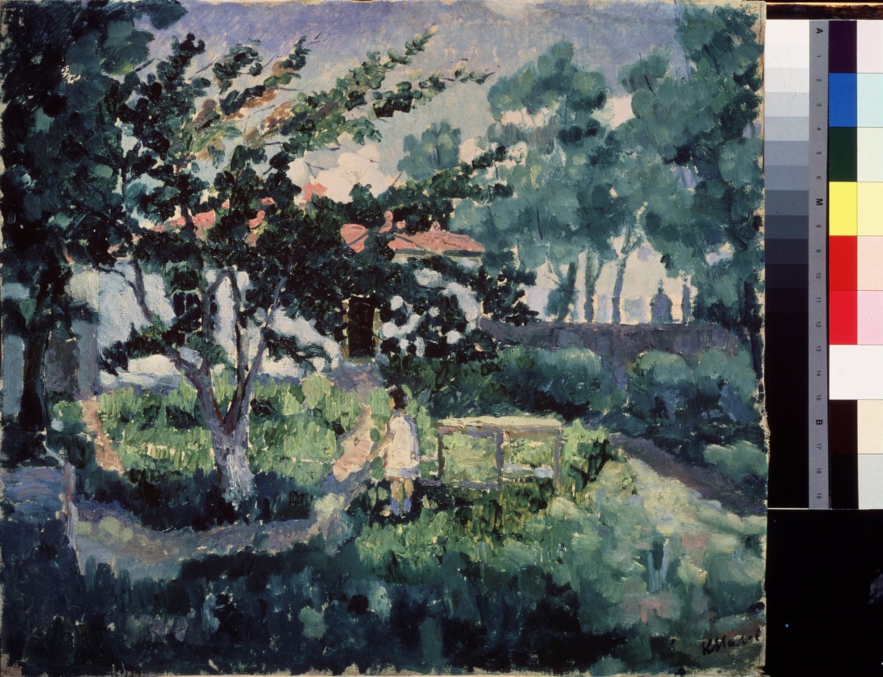 Nyári táj. Egy kis vidéki ház kertjének leírása nyáron, a nyári vakációt élvező gyerekkel. Kasimir Severinovich Malevics (Malevich, Malevic) festménye (1878-1935), olaj, vászon alkotó: Kazimir Severinovich Malevich
