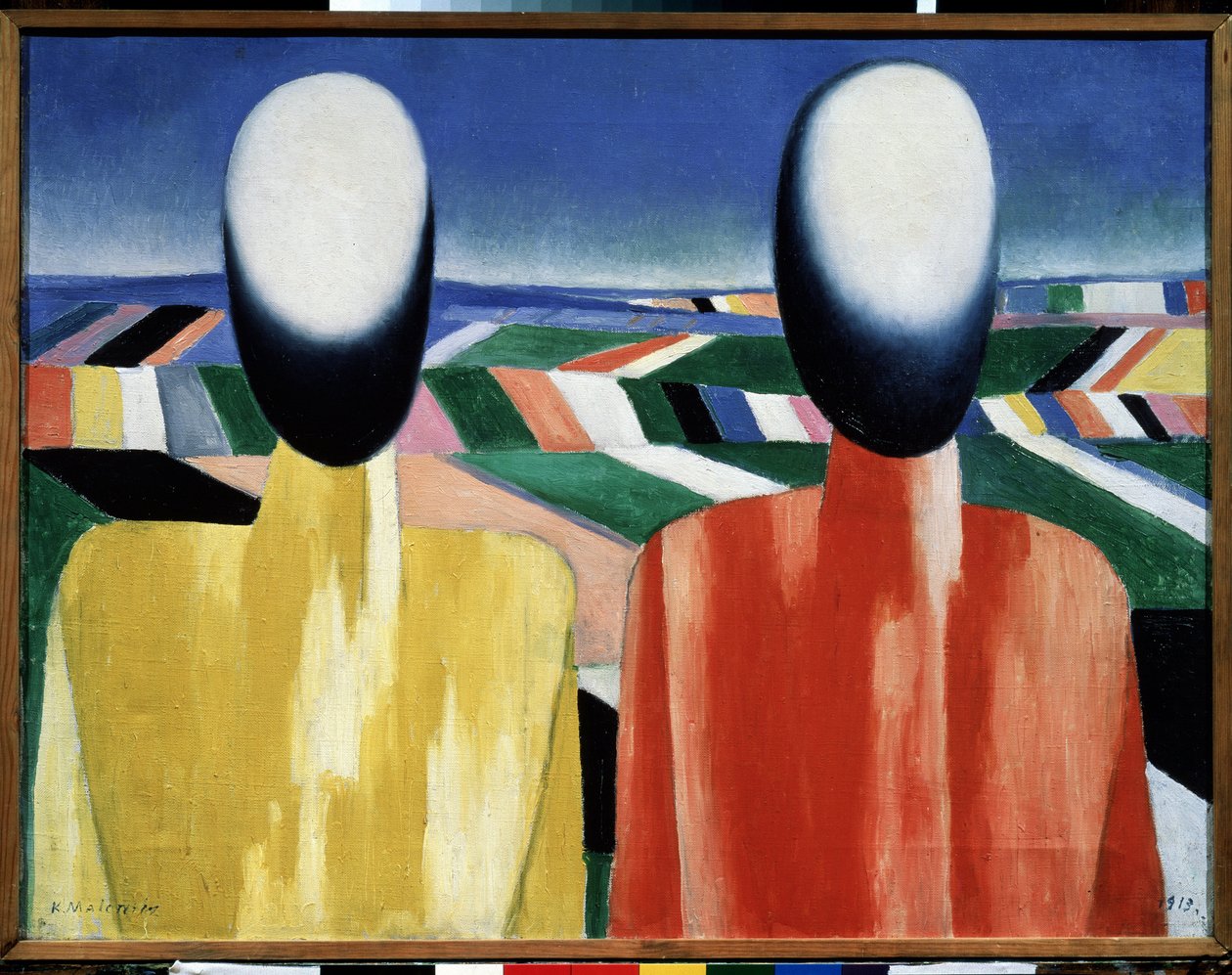 Parasztok (parasztok). Két arctalan fej a megművelt földek tája előtt. Kasimir Severinovich Malevics (Malevics, Malevic) (1878-1935) festménye, olaj, vászon, 1930 körül. Orosz művészet, avantgárd, XX. század, szuprematizmus. Állami orosz múzsa alkotó: Kazimir Severinovich Malevich