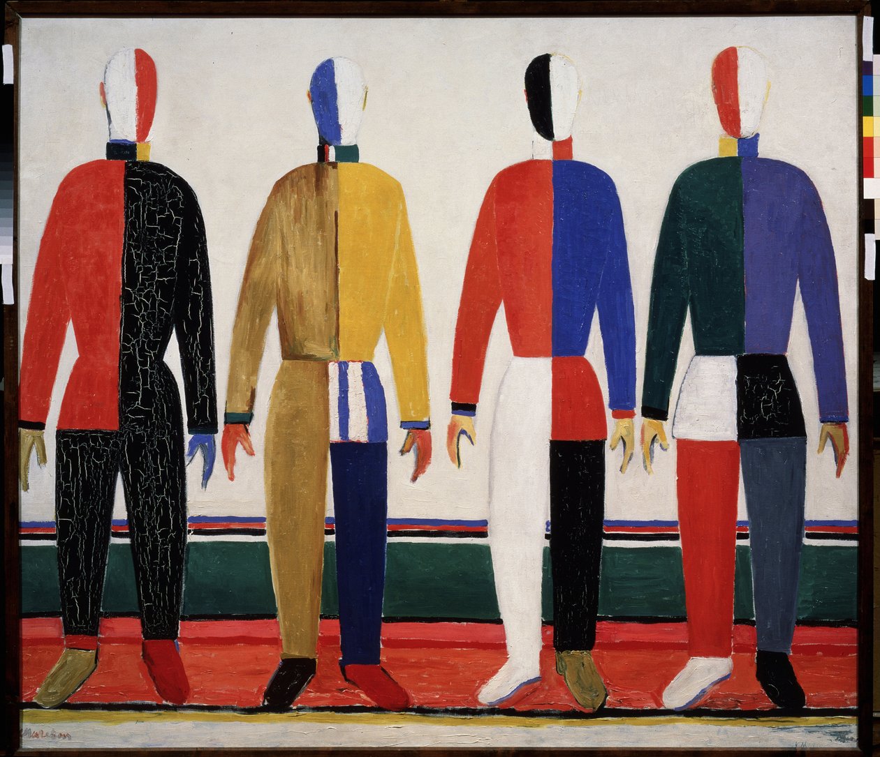 Sportolók. Négy férfi, akik színes sportruházatot viselnek. Kasimir Severinovich Malevics (Malevich, Malevic) festménye (1878-1935), olaj, vászon alkotó: Kazimir Severinovich Malevich