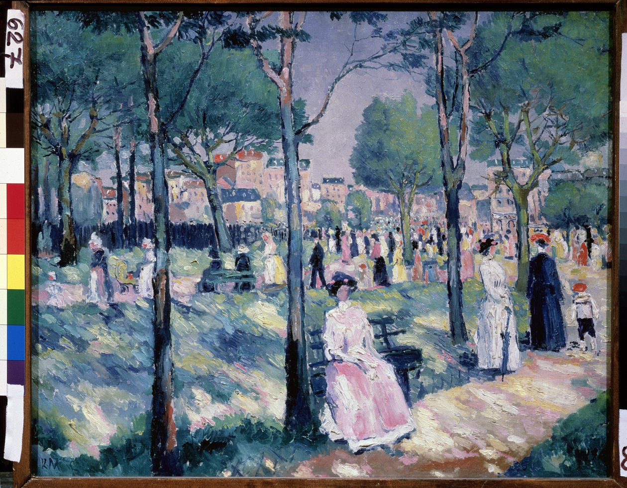 A körúton (A körúton). Nyári jelenet, egy parkban, a háttérben a várossal, sok család sétál. Kasimir Severinovich Malevics (Malevich, Malevic) festménye (1878-1935), olaj, vászon alkotó: Kazimir Severinovich Malevich