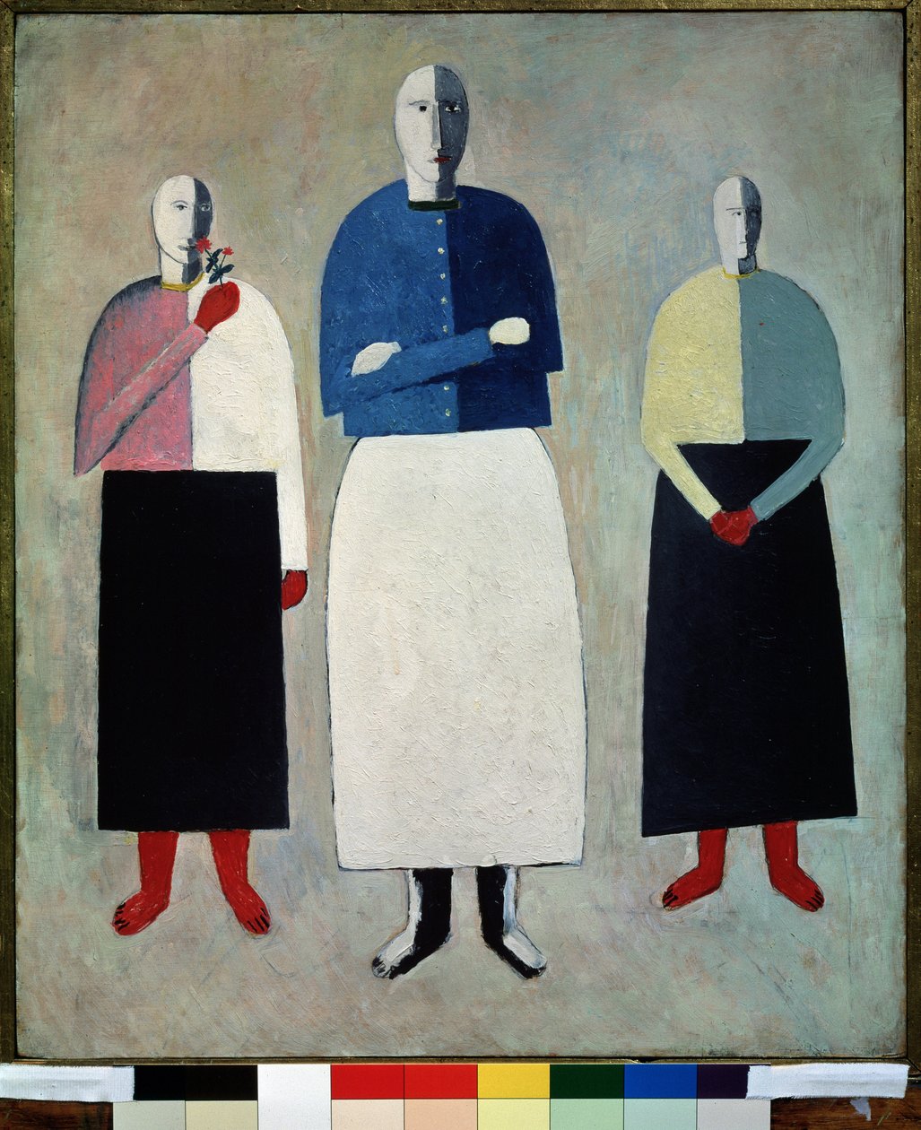 Három nő (három lány). Mindhárman kopasz fejűek, egyenes szoknyába és gombos mellénybe öltöztek. Kasimir Severinovich Malevics (Malevics, Malevic) festménye (1878-1935), olaj, fa alkotó: Kazimir Severinovich Malevich