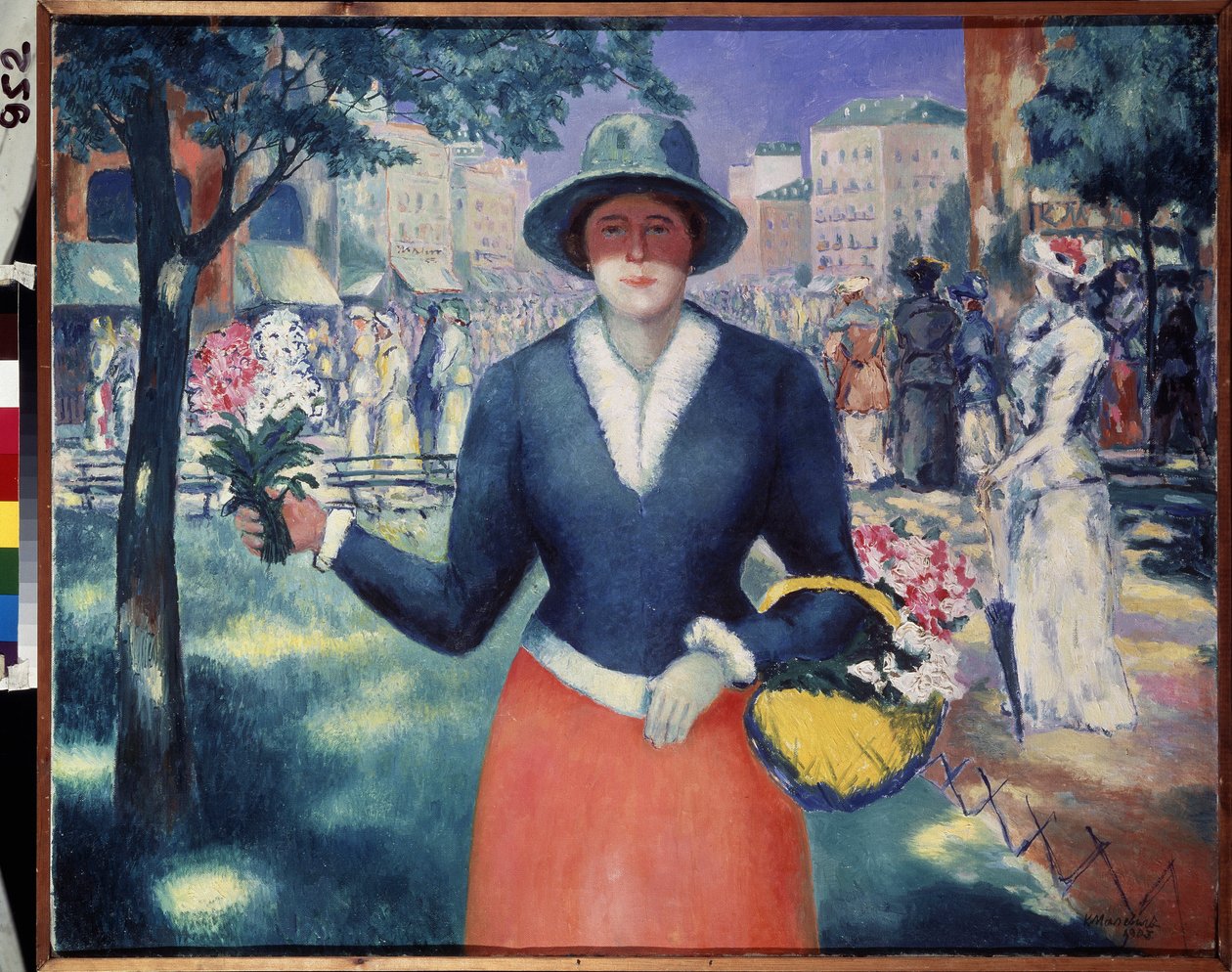 Egy virágos lány. Nyári jelenet, tömeg séták egy nyilvános parkban a város közepén, egy virágárus portréja. Kasimir Severinovich Malevics (Malevich, Malevic) festménye (1878-1935), olaj, vászon alkotó: Kazimir Severinovich Malevich