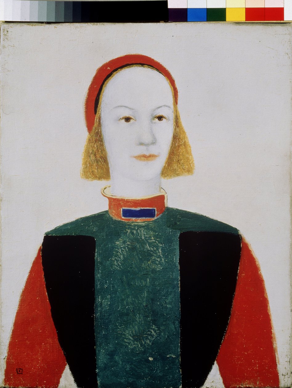 Egy fiatal lány (A Girl). Kasimir Severinovich Malevics (Malevics, Malevic) (1878-1935) festménye, olaj, vászon 1932. Orosz művészet, avantgárd, XX. század, szuprematizmus. Állami Orosz Múzeum, Szentpétervár alkotó: Kazimir Severinovich Malevich