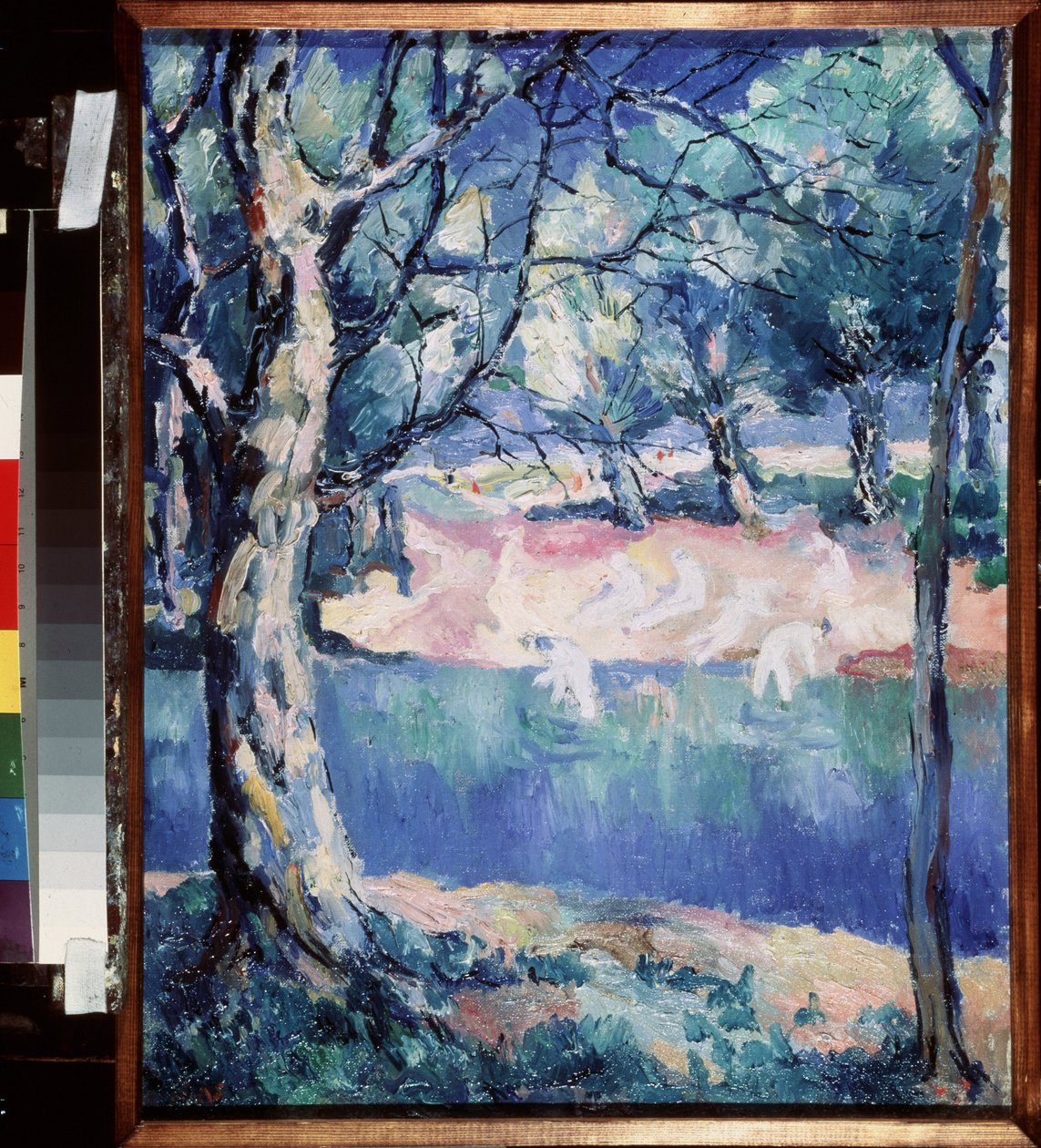 Folyó az erdőben. Nyár közepén, felvázolt meztelen fürdőzőkkel a parton. Kasimir Severinovich Malevics (Malevich, Malevic) festménye (1878-1935), olaj, vászon alkotó: Kazimir Severinovich Malevich