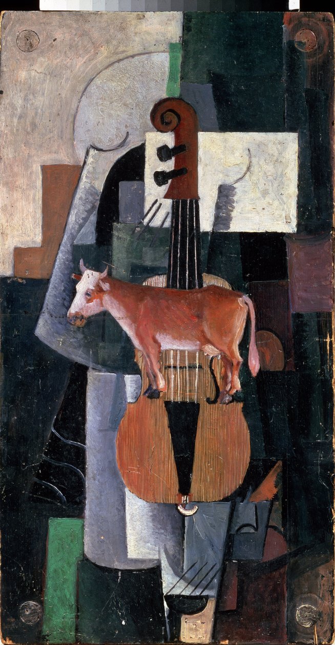 Tehén és hegedű (Cow and Violin). Kasimir Severinovich Malevics (Malevics, Malevic) festménye (1878-1935), olaj, fa alkotó: Kazimir Severinovich Malevich