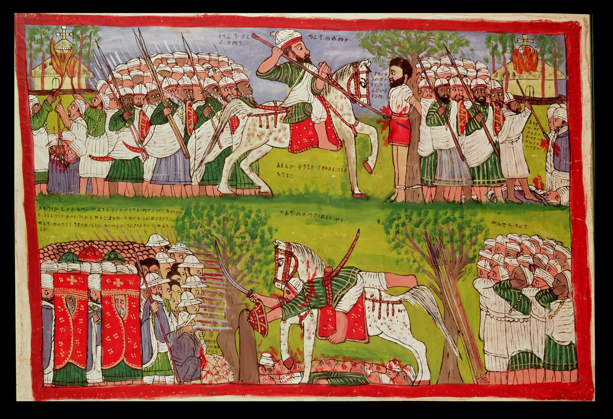 Templomok felgyújtása muzulmánok által és Cristobal de Gama halála, valamint Ahmed ibn Ibrahim al-Ghazi (1506-43) bukása és halála. Egy portugál testőr lőtte le, 1900 körül (olaj, vászon) alkotó: Kegneketa Jemlieri Hailu of Gondar