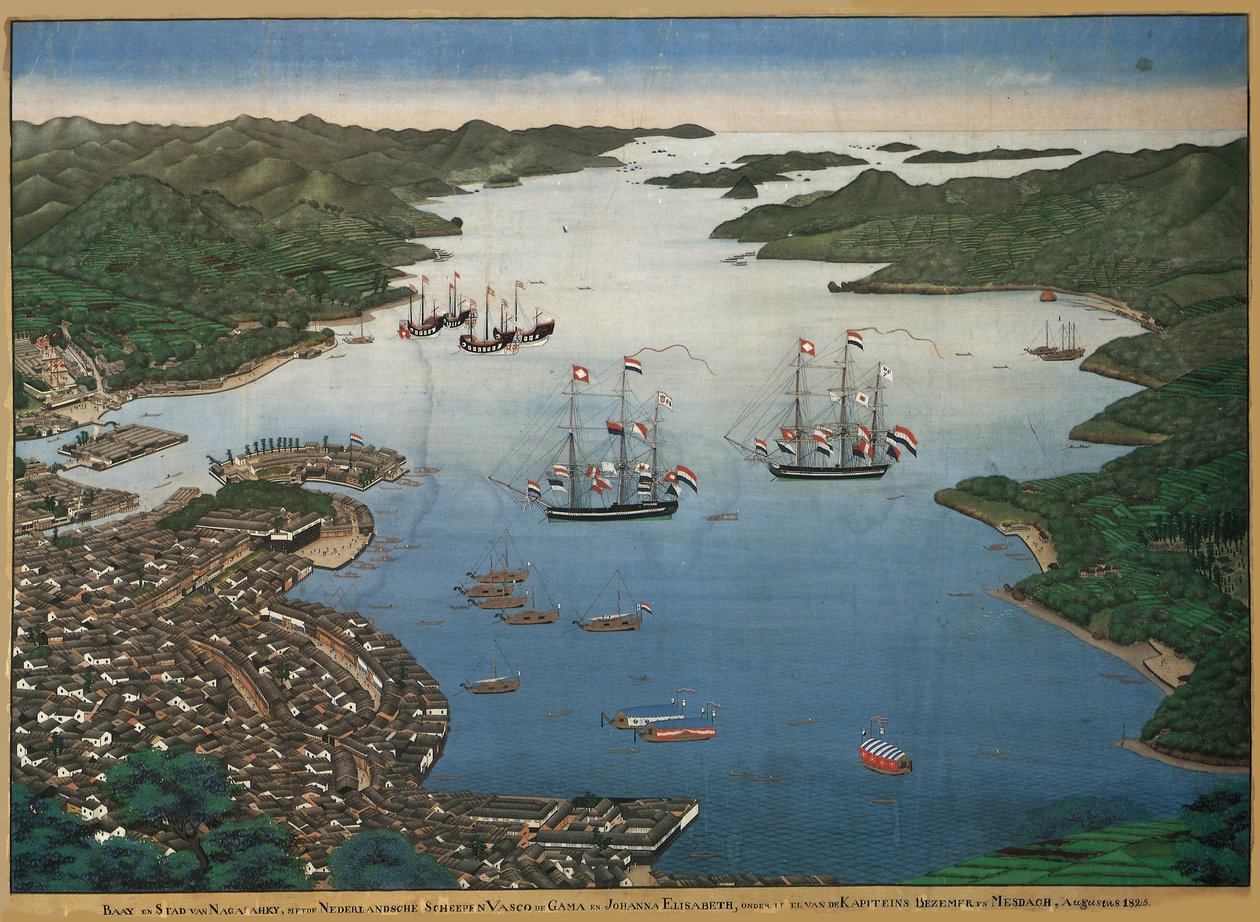 Deshima szigete a Nagaszaki-öbölben a Vasco da Gama és a Johanna... hajókkal, 1825 körül. alkotó: Keiga Kawahara
