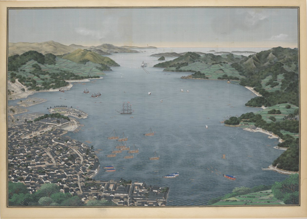 Kilátás a Nagaszaki-öbölre, 1833 körül. alkotó: Keiga Kawahara
