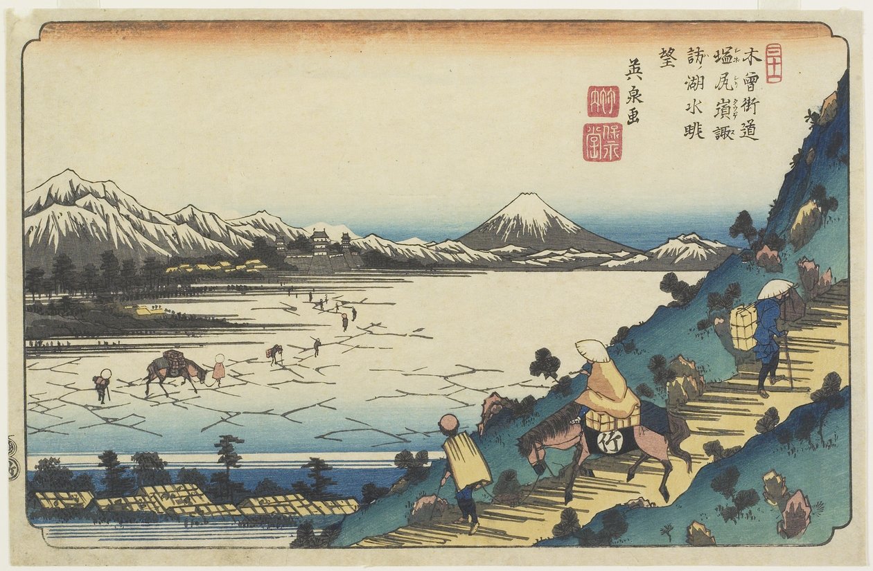 31. sz.: Kilátás a Suwa-tóra a Shiojiri-hágóról, 1835-1836 alkotó: Keisai Eisen