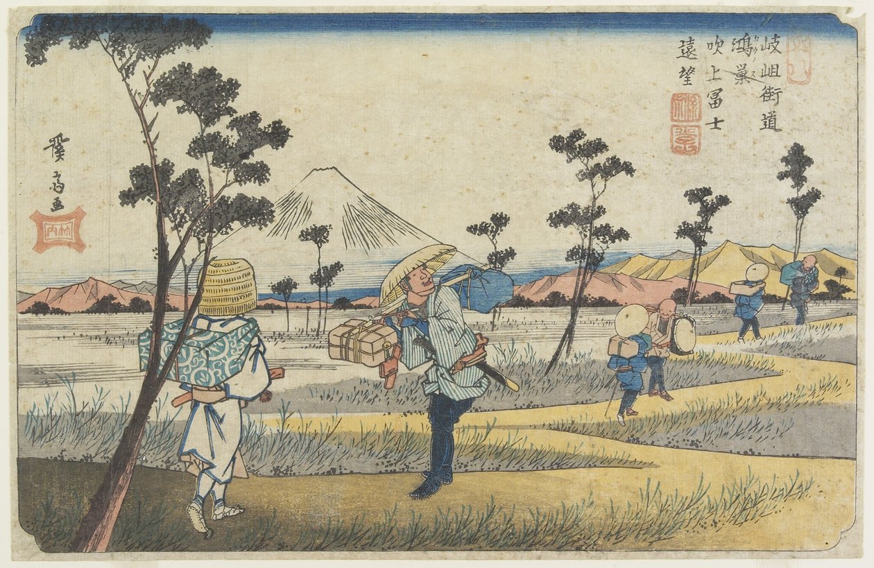 8. sz. Fuji hegy távoli képe Fukiage felől nézve a Ko_nosu állomás közelében, 1830-1844 alkotó: Keisai Eisen