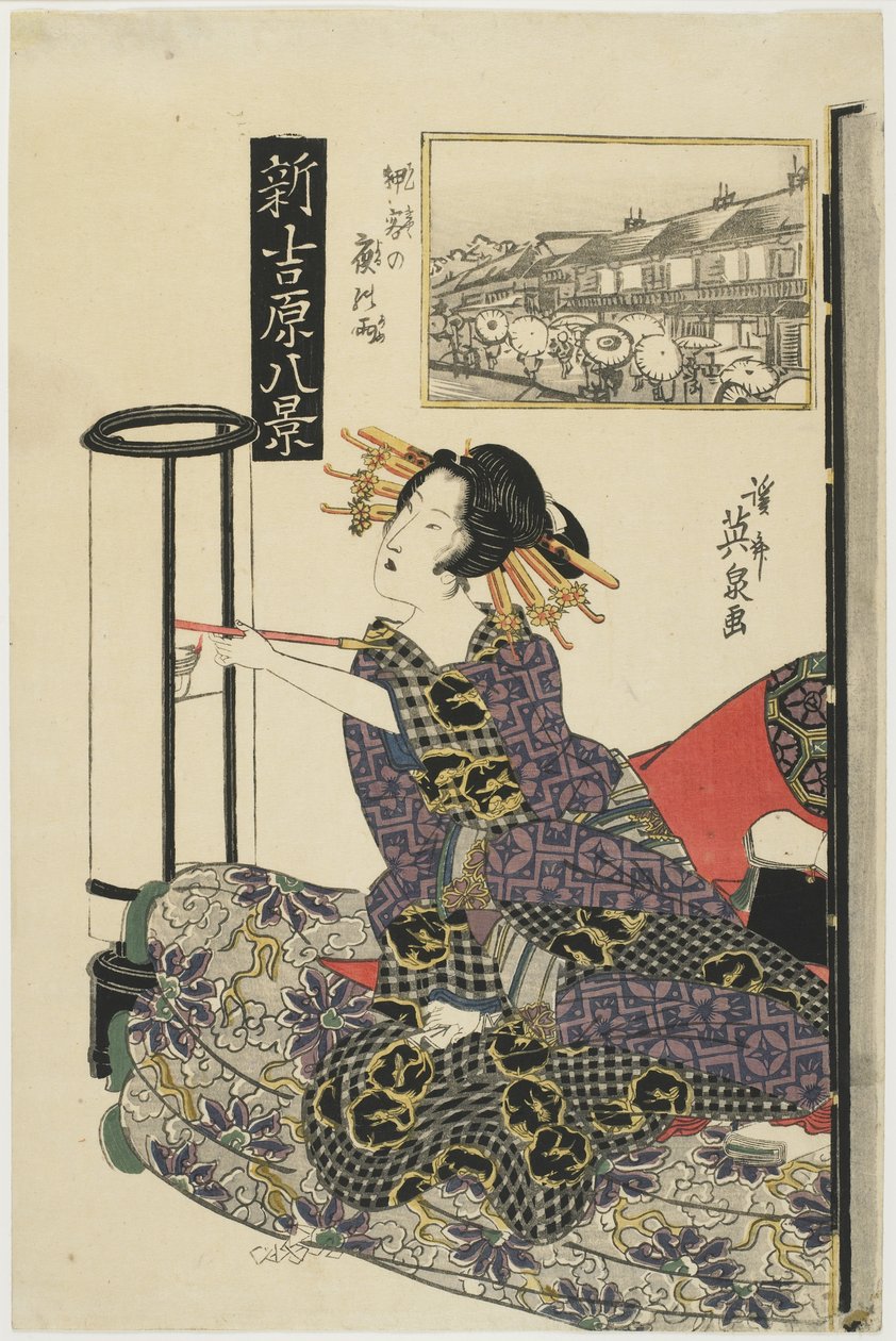 Esős éjszaka törzsvásárlóval, c. 1820-as évek alkotó: Keisai Eisen