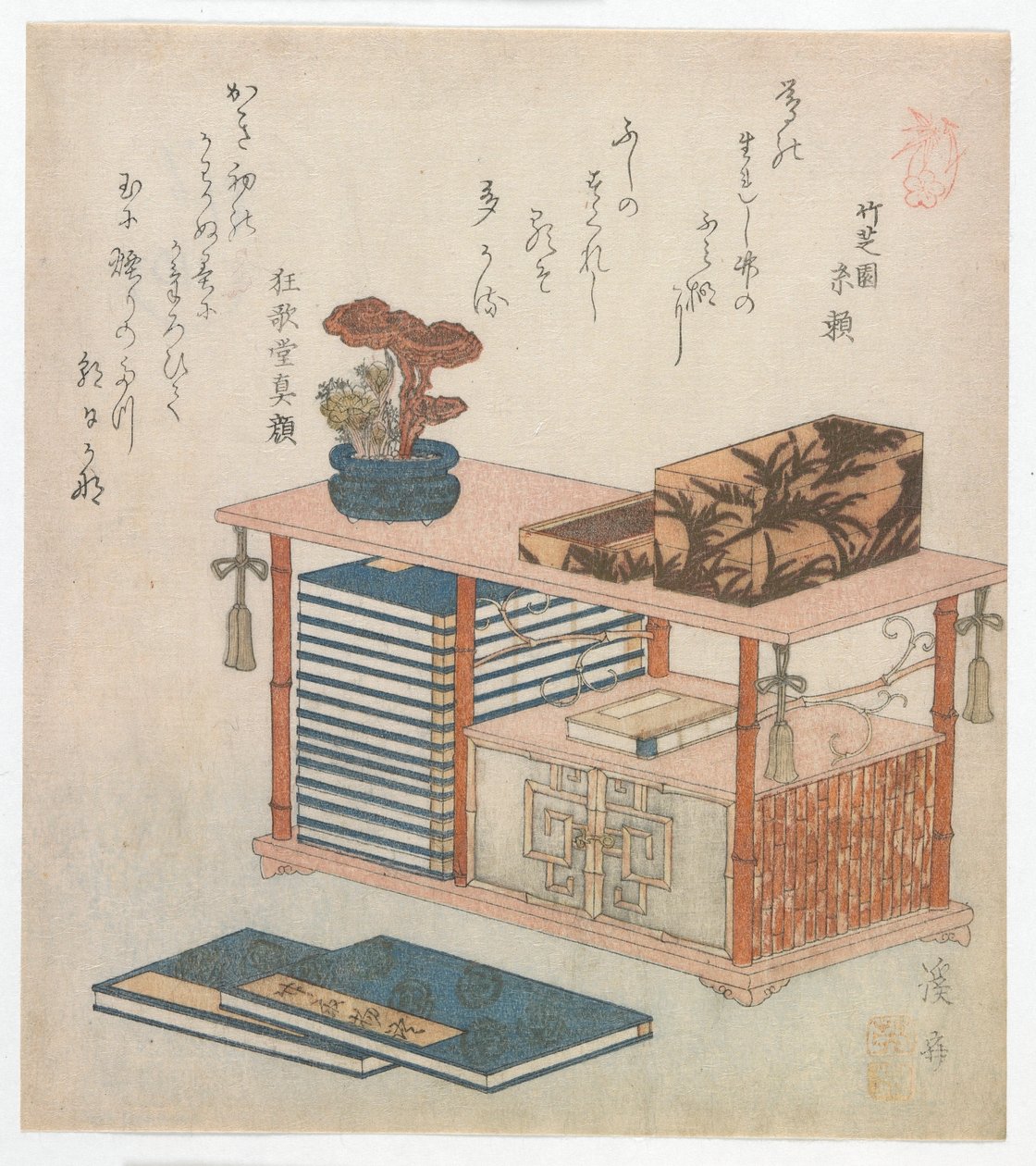 Surimono könyvszekrényt illusztrálva, Edo-korszak, 1810-es évek vége vagy 1820-as évek eleje (színes fatömbnyomat) alkotó: Keisai Eisen