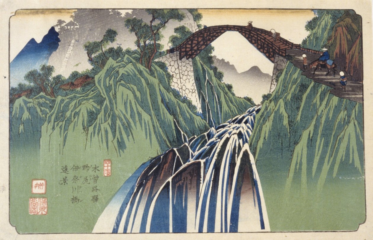 Távoli kilátás az Ina folyó feletti hídról Nojiriban, 41. sz. (Nojiri Inagawabashi Enkei, 41) (színes fatömbnyomat) alkotó: Keisai (1790 1848) Eisen