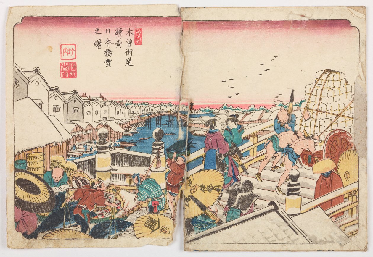 A Nihon-bashi-híd egy havas reggelen, az „Út a Kisokaido-n / Kisokaido rokujuku zugi” sorozat 1. képe alkotó: Keisai Eisen