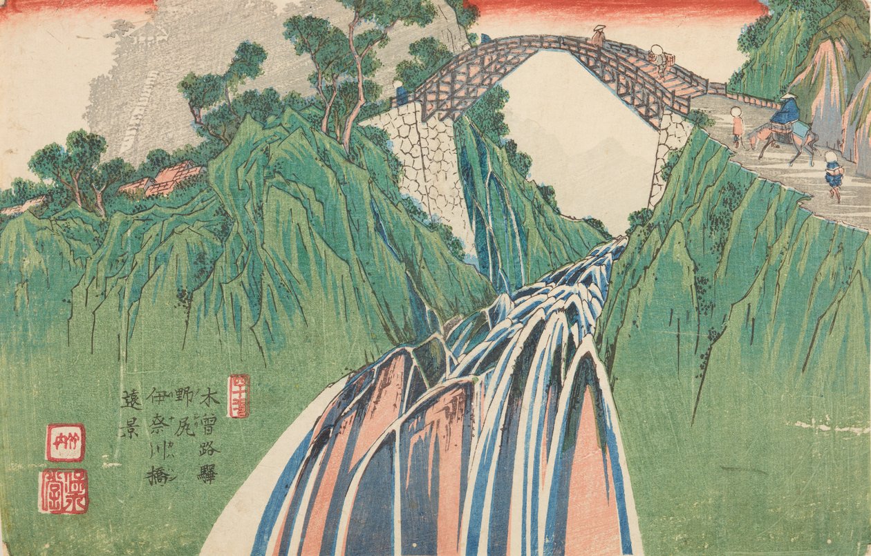Híd az Inagawa folyón Nojiri városában, a sorozat 40. képe: A Kisokaido út / Kisoi no eki alkotó: Keisai Eisen