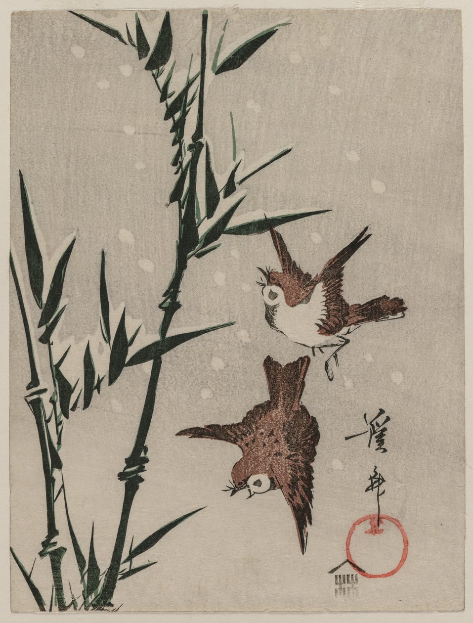 Verebek, bambusz és hulló hó, c. 1820-as évek vége. alkotó: Keisai Eisen