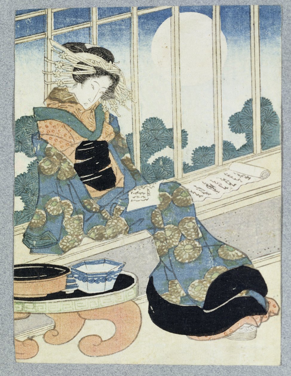Japán hölgy olvas a Holdfénytől (fatömb nyomat) alkotó: Keisai Yeisen