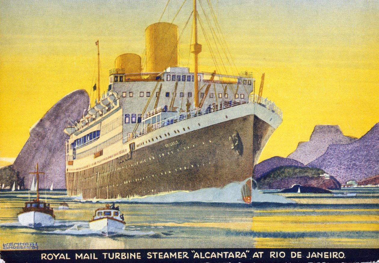 Képeslap, amely az „Alcantara” királyi postaturbina gőzhajót ábrázolja Rio de Janeiróban, 1930-as évek alkotó: Kenneth Shoesmith