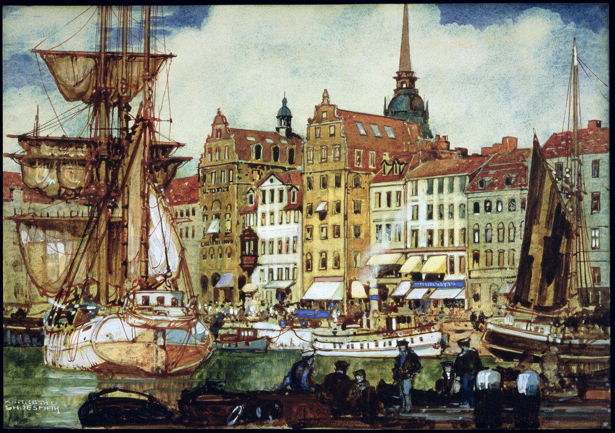 Stockholm látképe, 1920 körüli évek (toll és tinta és wc papírra, kartonra fektetve) alkotó: Kenneth Shoesmith