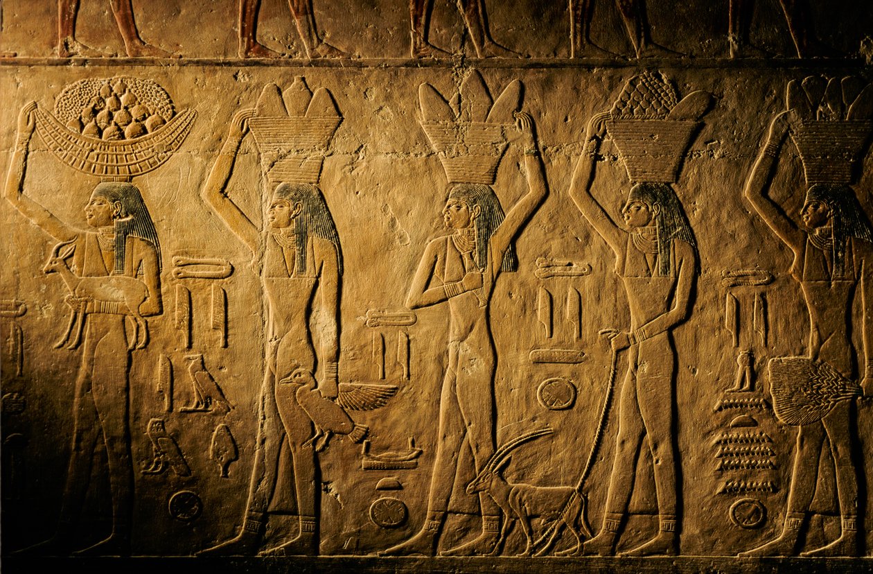 Kenyeret, madarat, kecskét és terményt cipelő nők, Tiye sírja, Egyiptom; Óbirodalom; Szakká... alkotó: Kenneth Garrett