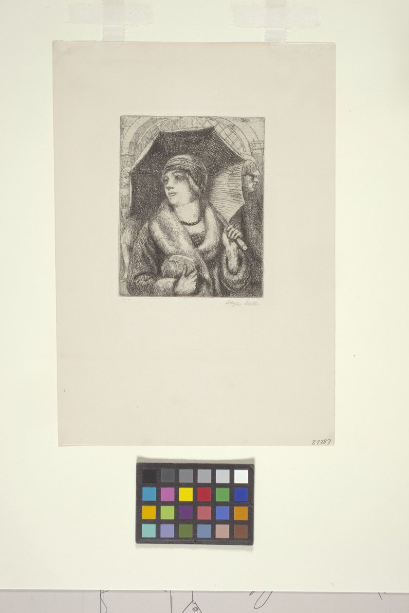 Vásárló esernyővel (rézkarc) alkotó: Kenneth Hayes Miller