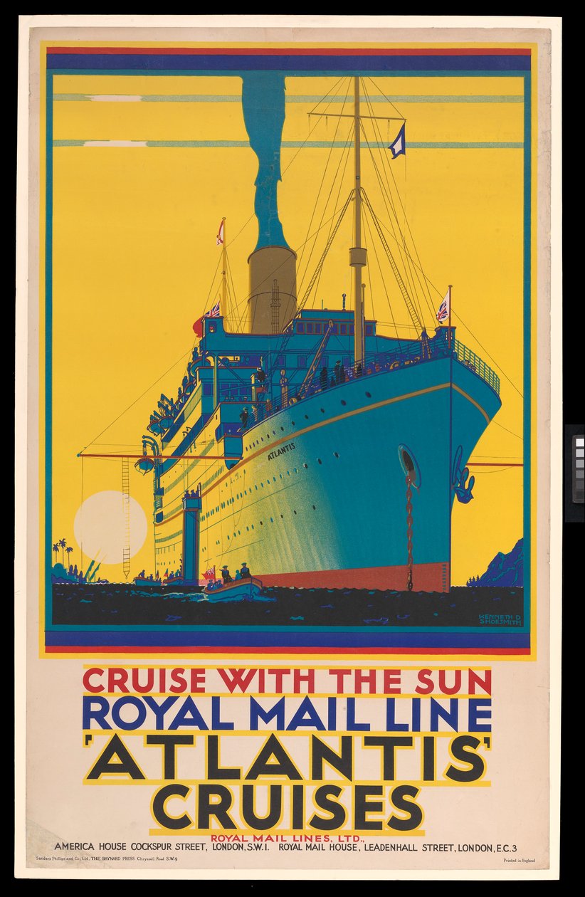 Cirkálóhajó plakát: 1930 körüli (plakát): Royal Mail Line, Atlantic Cruises, "Cruise with the Sun". 1930 körüli (plakát). alkotó: Kenneth Shoesmith
