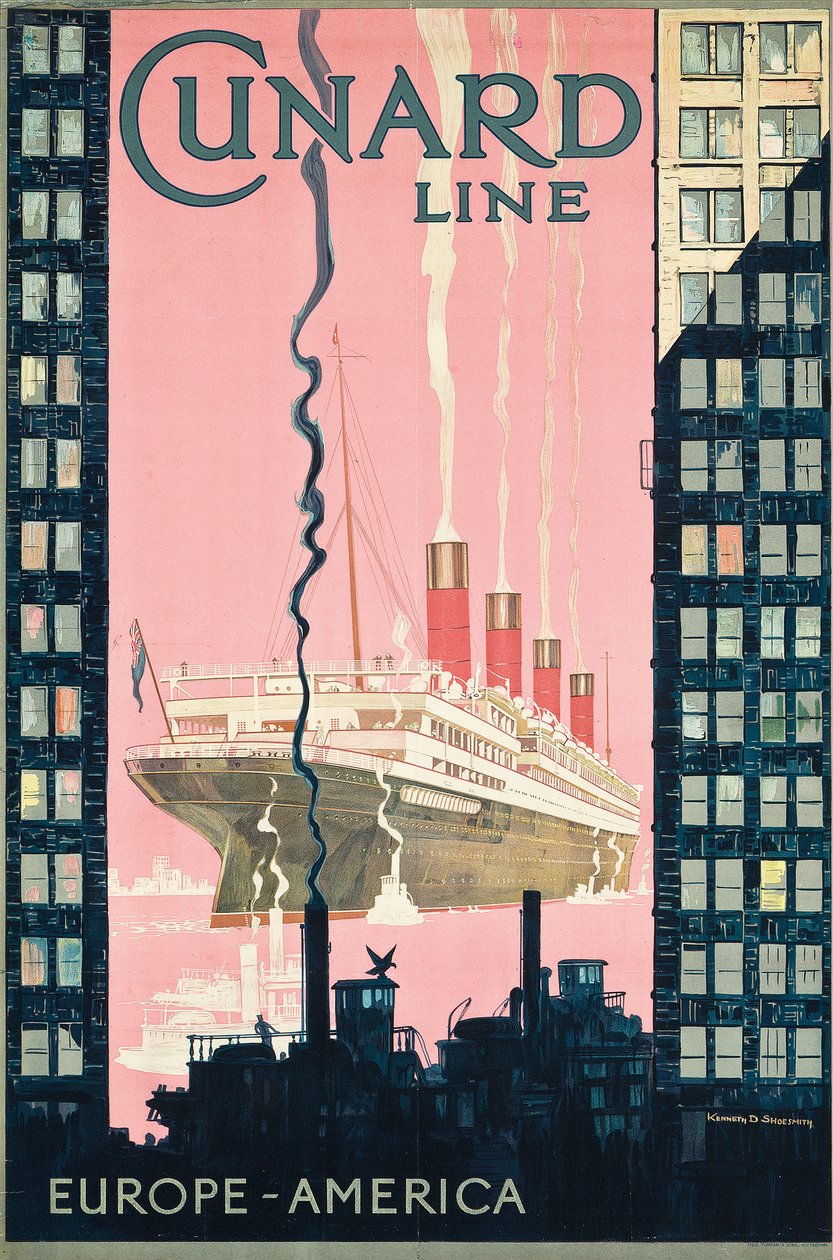 Reklámplakát utazás Európából Amerikába a Cunard Line hajózási társasággal, c. 1925 (színes litográfia) alkotó: Kenneth Shoesmith
