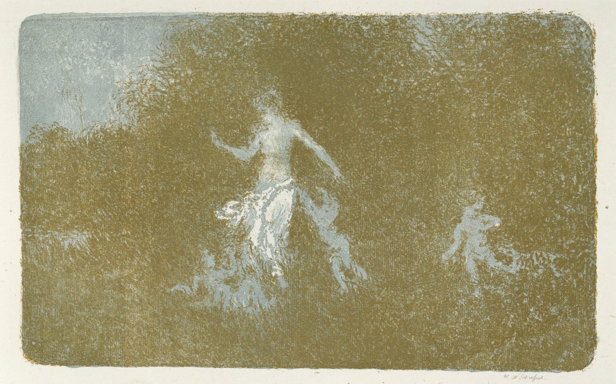 Amour jouant aupres dune nymphe (Szerelem játszik egy nimfával), c. 1900 (színes litográfia) alkotó: Ker Xavier Roussel