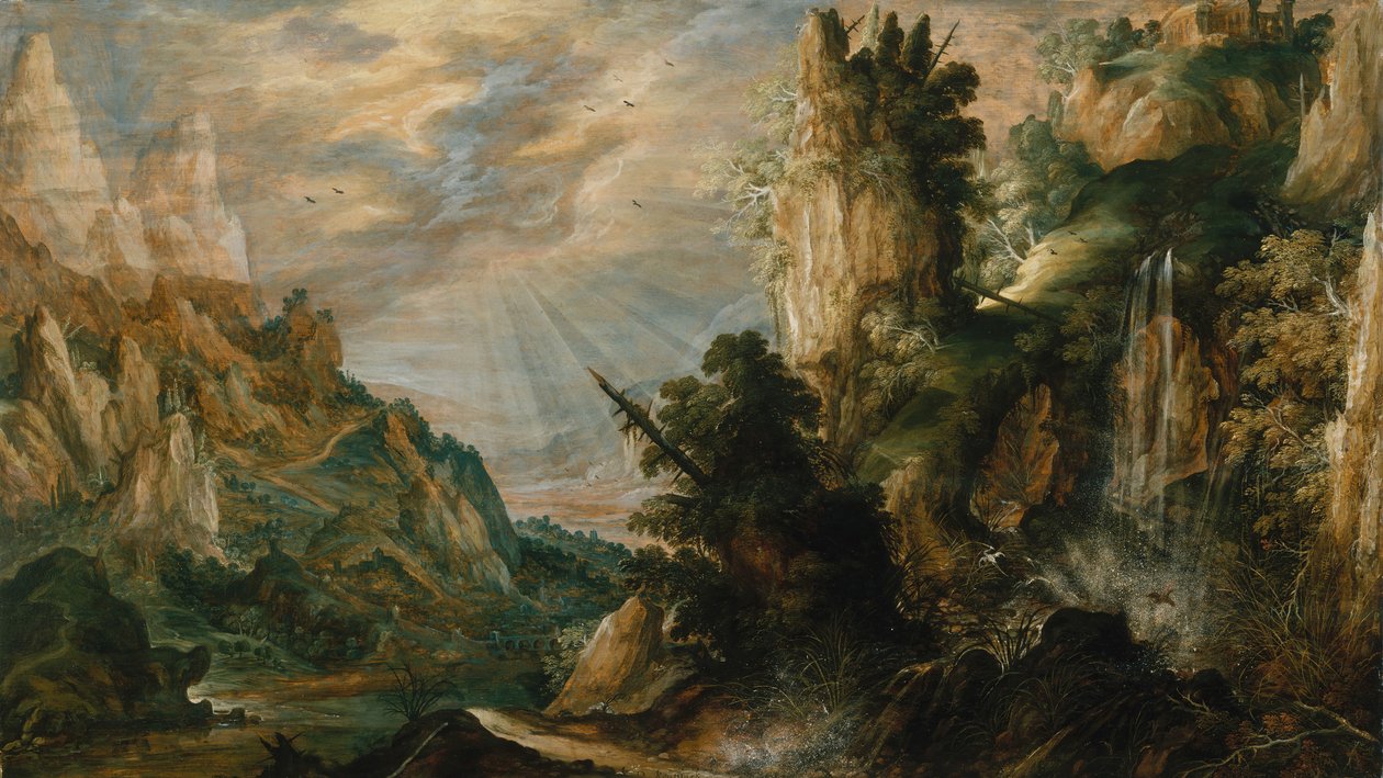 Hegyvidéki táj vízeséssel, kb. 1600. alkotó: Kerstiaen de Keuninck