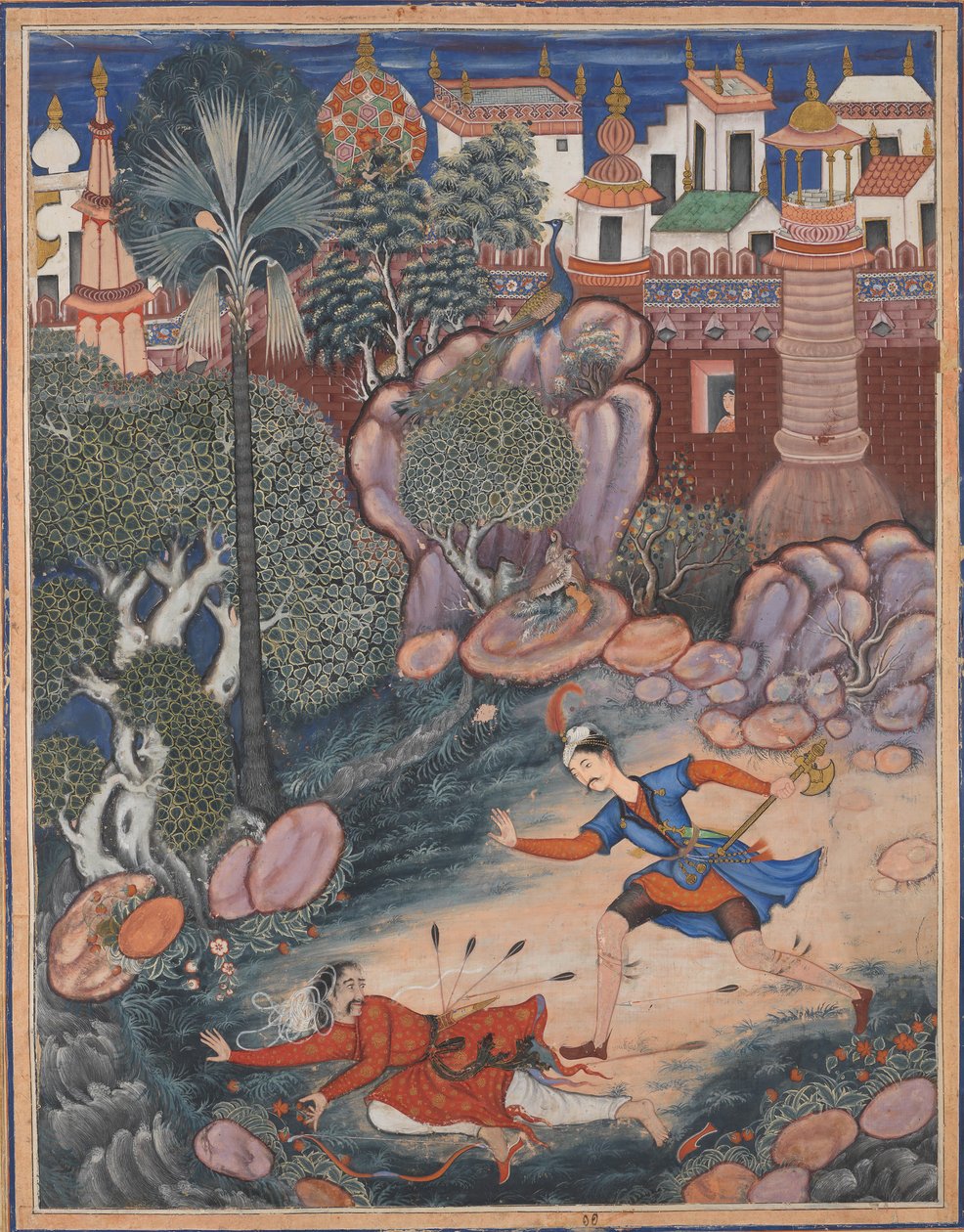 Umar körbejárja a fuladi kastélyt, találkozik egy gyalogos katonával és a földre rúgja..., kb. 1570. alkotó: Kesav Das