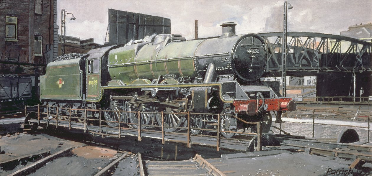 Jubilee Turnaround, Hawke 45652 Jubilee Class Locomotive on Camden lemezjátszó, London alkotó: Kevin Guild of Railway Artist Parrish