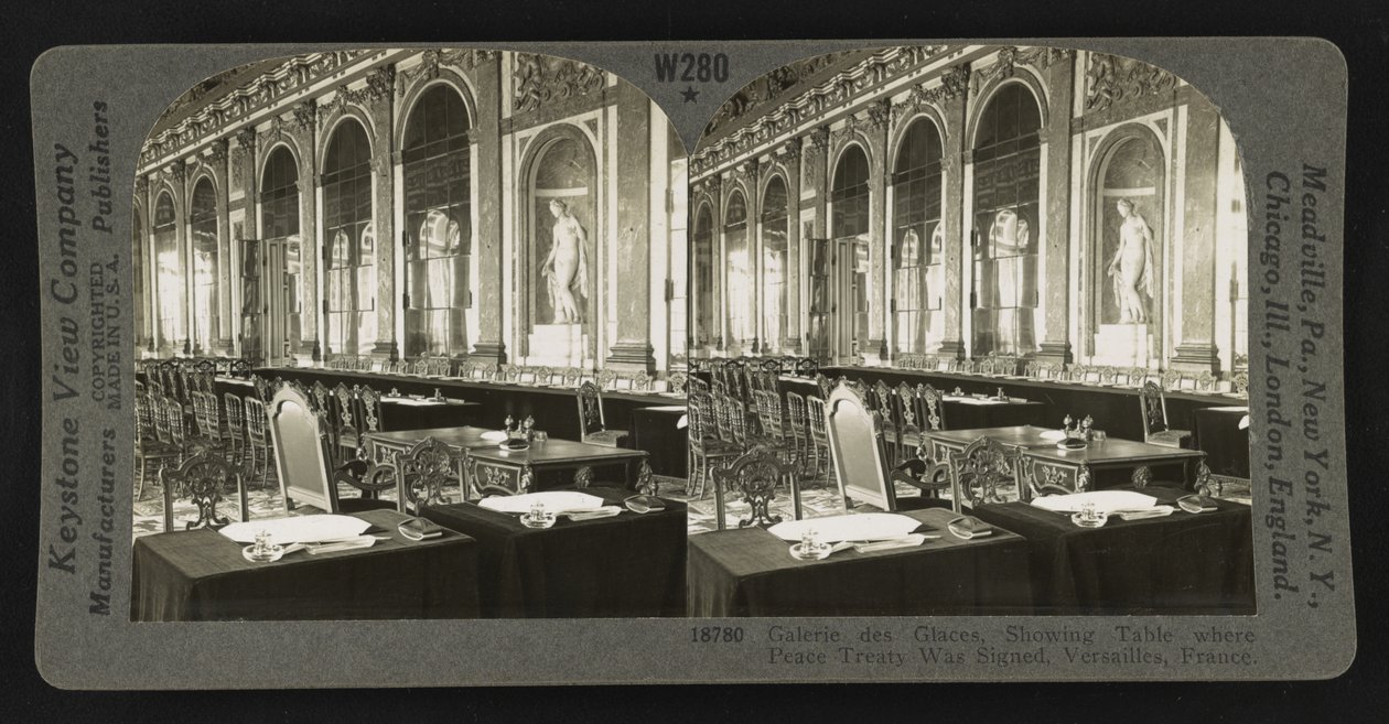 Galerie des Glaces, táblázat mutatja, ahol a békeszerződést aláírták, Versailles alkotó: Keystone View Company