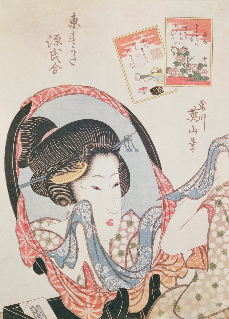 Woman at her Mirror, megjelent 1830 körül (oban méretű színes fatömbnyomat) alkotó: Kikukawa Eizan