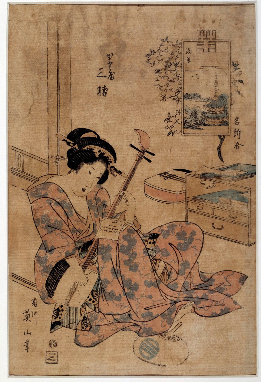 Japán művészet: zenész. Eizan Kikugawa (1787-1867) nyomatai, 18. századi Rennes, Musee des Beaux Arts alkotó: Kikukawa Eizan