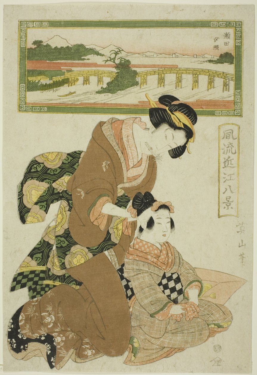 Evening Glow at Seta (Seta sekisho), a "Divatos nyolc kilátás Omira (Furyu Omi hakkei)" sorozatból alkotó: Kikukawa Eizan