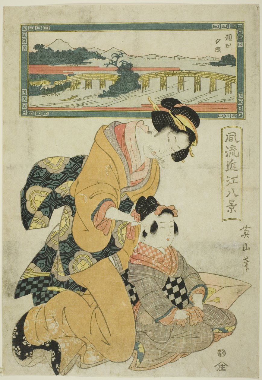 Evening Glow at Seta (Seta sekisho), a "Divatos nyolc kilátás Omira (Furyu Omi hakkei)" sorozatból alkotó: Kikukawa Eizan
