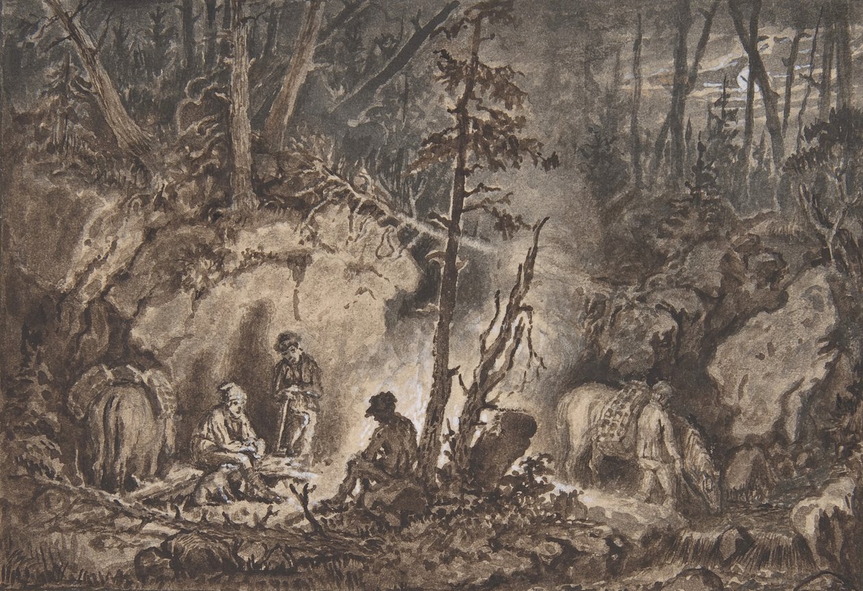 Éjszakai erdőben pihenő vadászok, 1830-60. alkotó: Kilian Christoffer Zoll