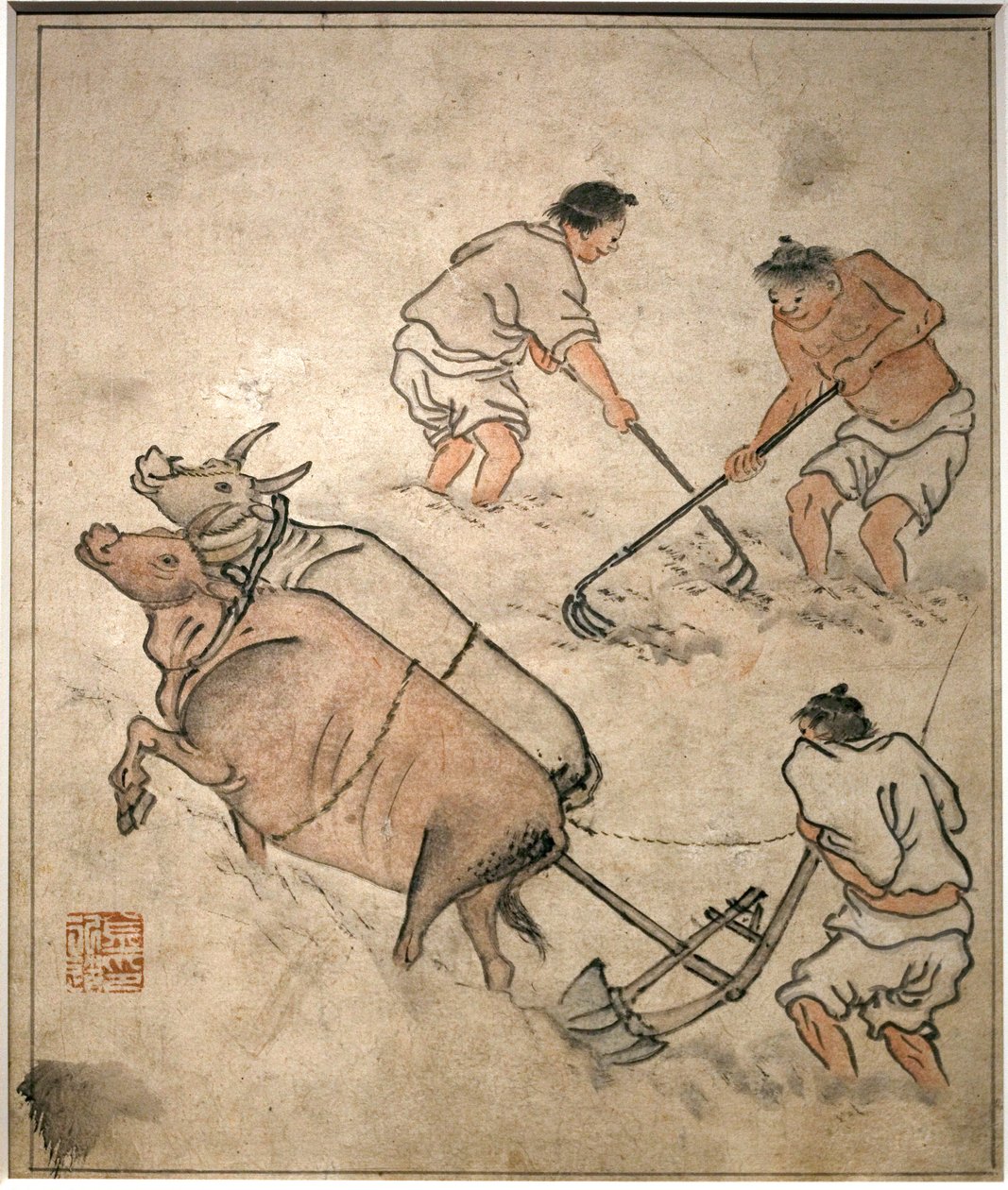 Mezőgazdasági munka jelenet. Danwon (Kim Hongdo) festménye (1745-1806), tus papírra, Coreen művészet, Joseon (Choson) 18. századi időszaka. Koreai Nemzeti Múzeum, Szöul (Dél-Korea). alkotó: Kim Hong Do