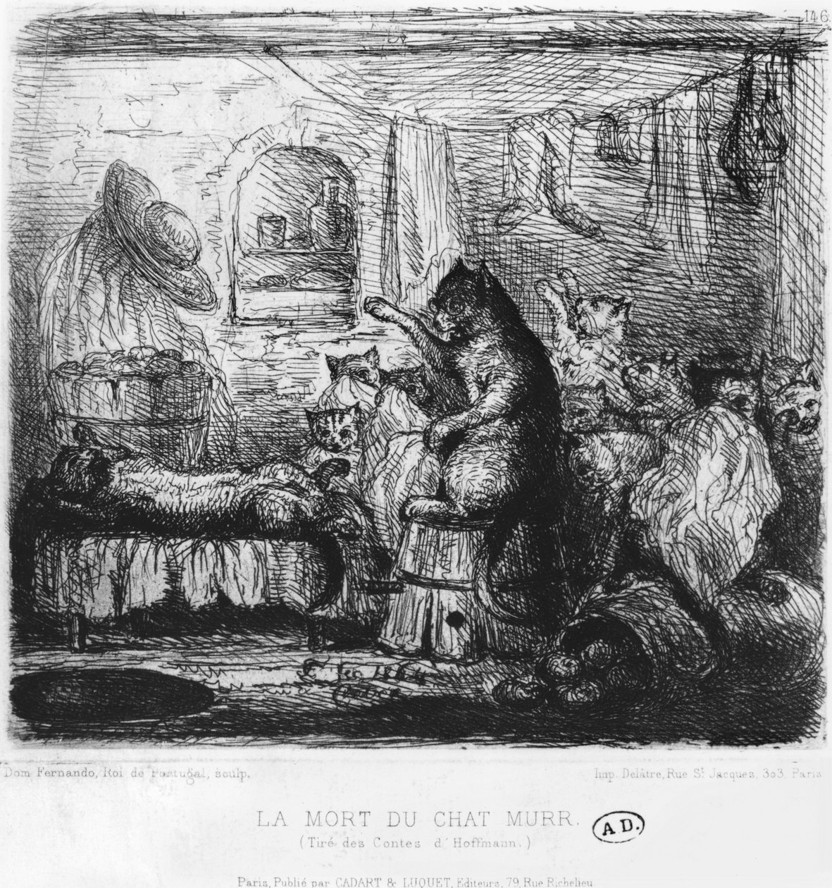 Cat Murr halála, Ernst Theodor Amadeus Hoffmann (1776-1822) Die Lebensansichten des Katers Murr illusztrációja, 1820-22 alkotó: King of Portugal Fernando II