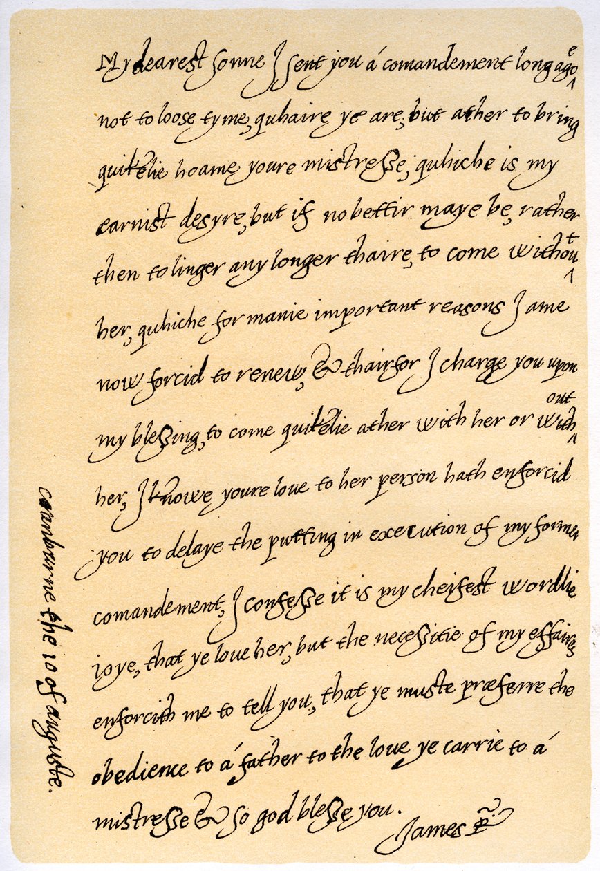 I. Jakab levele fiának, Károlynak, walesi hercegnek 1623. augusztus 10-én. alkotó: King James I