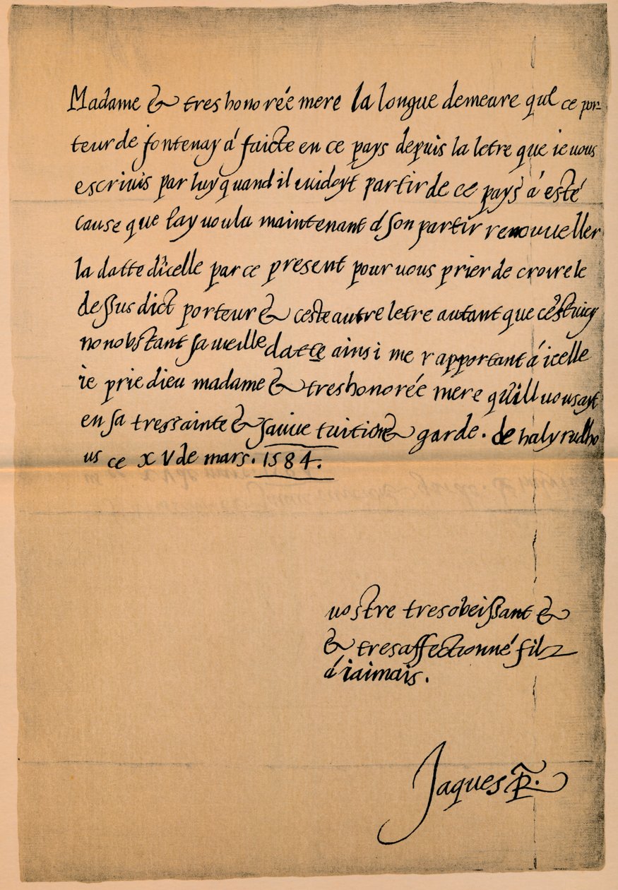 VI. Jakab király 1566-1625-ben írt levele anyjának, Mária királynőnek 1542-1587, 1584-5 alkotó: King James I