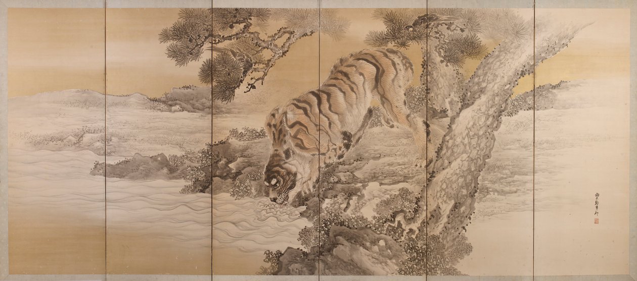Ivó tigrist ábrázoló hatszoros képernyő, 1749-1838 alkotó: Kishi Ganku